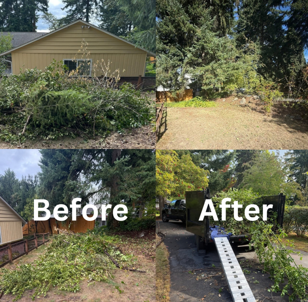 Before and after yard debris removal showing cleared yard and loaded dump trailer